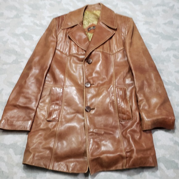 Vintage Cortefiel Leather Coat Jacket Mens 38 Brown Notch Collar 3 Button